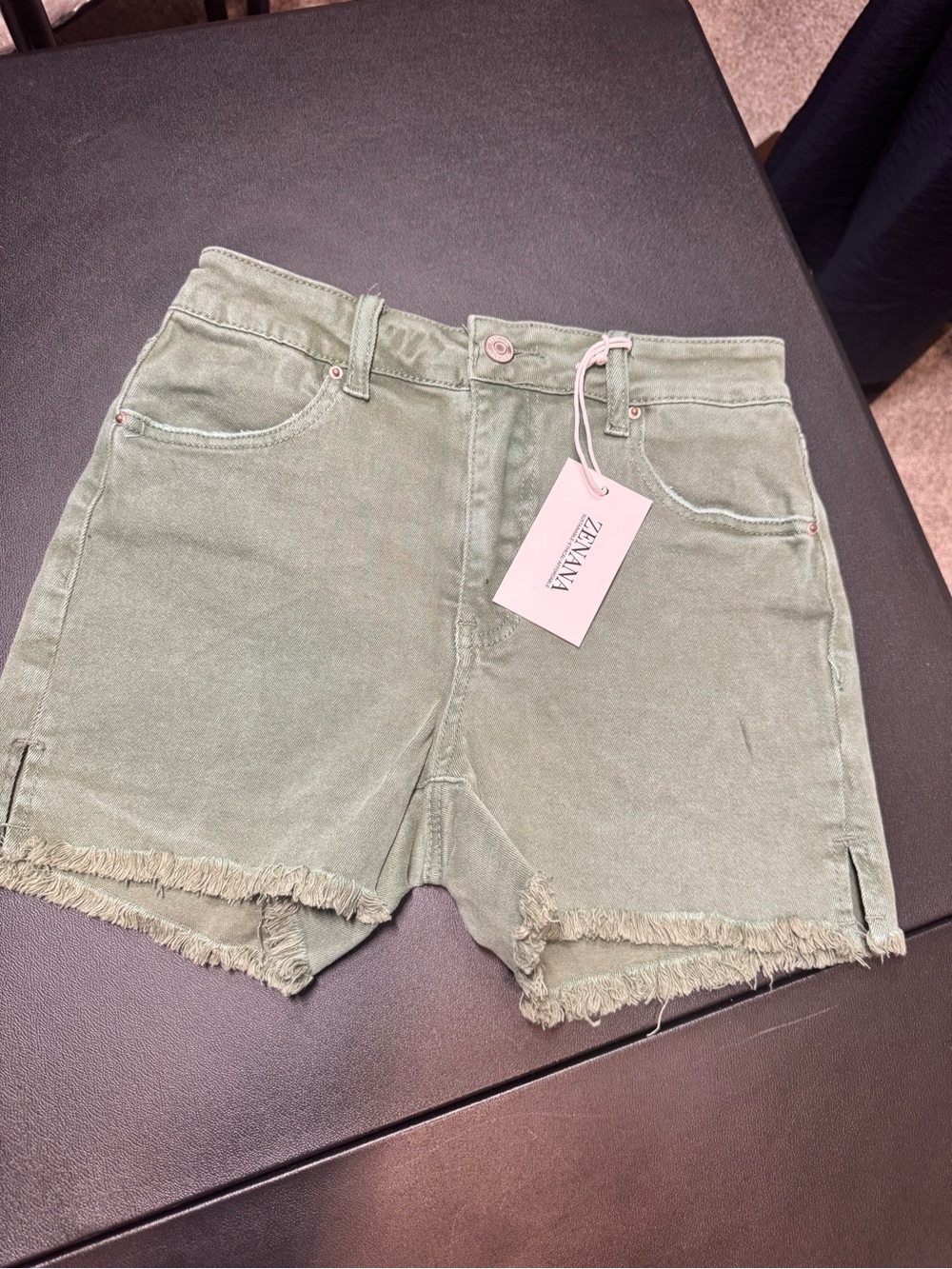Zenana Outfitters Olive Green Frayed Hem Denim Shorts